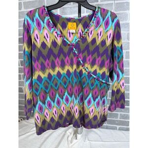 Ruby Rd Womens XL Ikat Geometric V-Neck 3/4 Sleeve Top Hippie multicolor